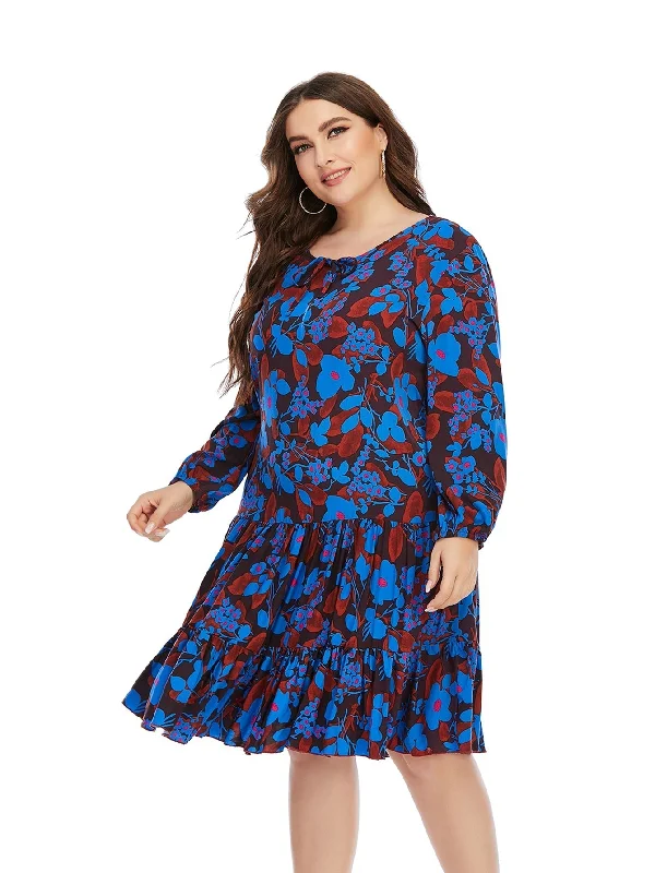 KittenAlarm - Women's New Plus Size Round Neck Lantern Sleeve Over-the-Knee Dress Mini Dress Classic Shift Mini Dress