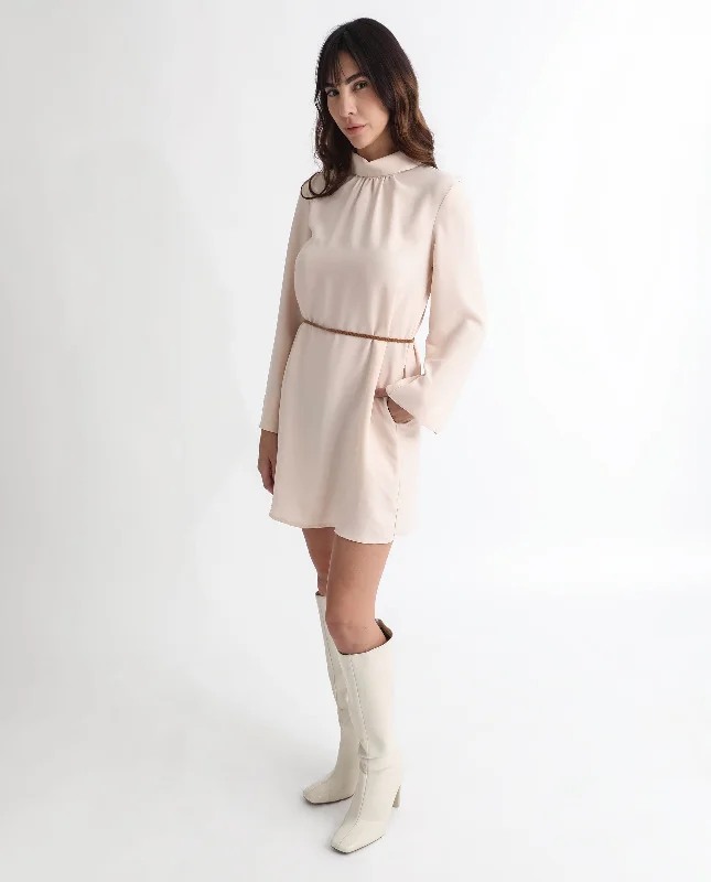 Rareism Women Adler Light Beige Polyester Fabric Full Sleeves Choker Neck Tailored Fit Plain Mini Dress Classic Shift Mini Dress