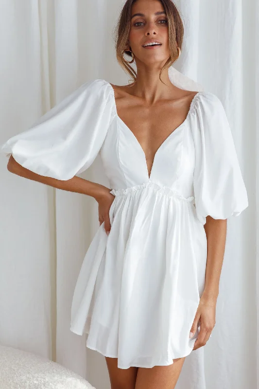 Always Dreaming Puff Sleeve Structured V-Neckline Mini Dress White Stylish Ribbed Mini Dress