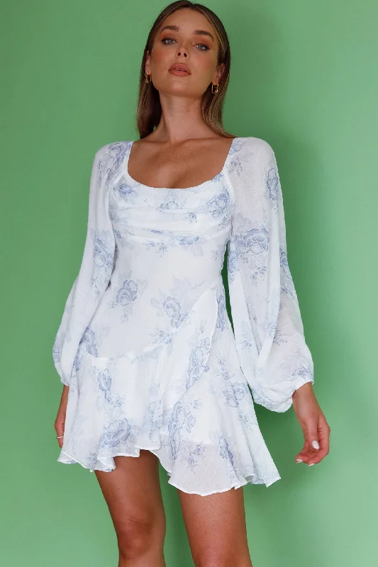 Beaujolais Long Sleeve Cowl Neckline Ruffle Mini Dress Floral Blue Stylish Short-Sleeve Mini Dress