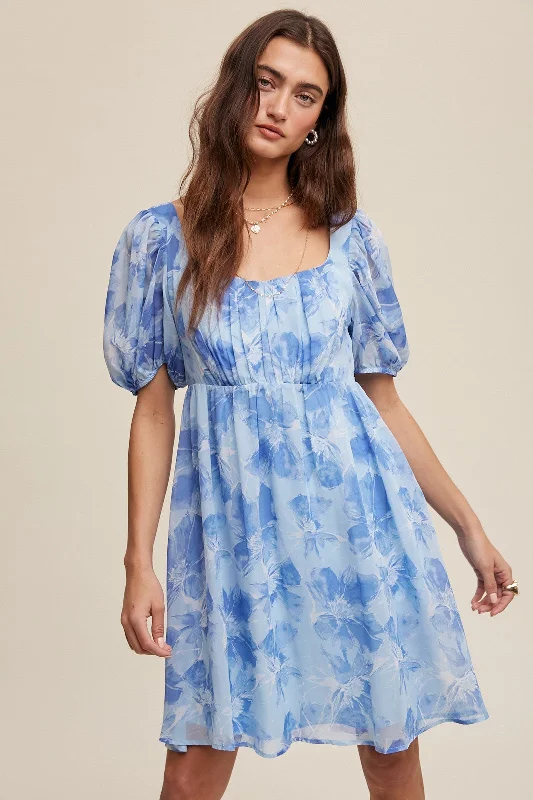 Blue Floral Puff Sleeve Mini Dress Stylish Short-Sleeve Mini Dress