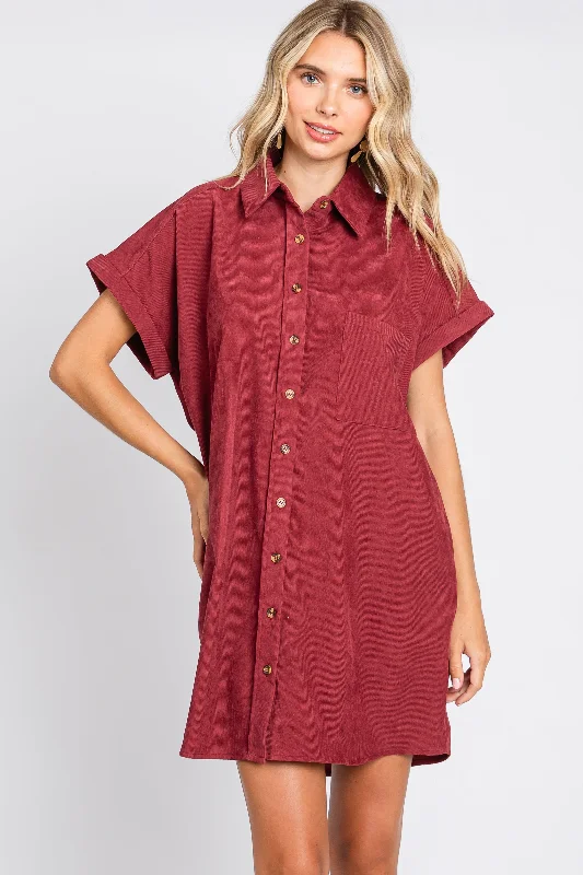 Burgundy Ribbed Button Down Mini Dress Classic Floral Mini Dress