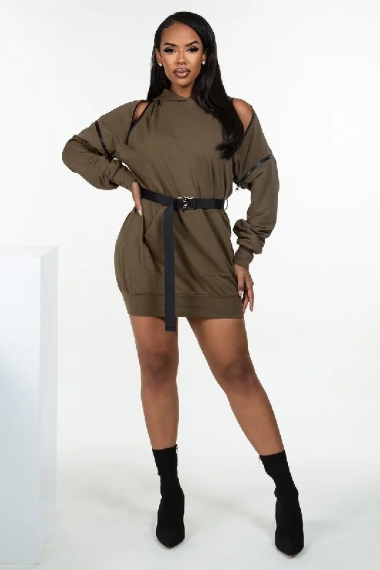 Double Zipper Long Sleeve Hooded Mini Dress Chic Puff Sleeve Mini Dress