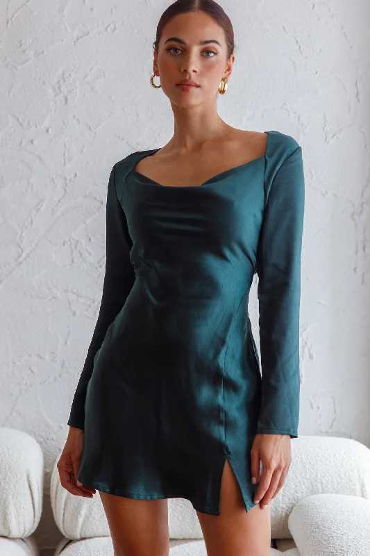 Champs Elysees Long Sleeve Open Back Mini Dress Forest Green Trendy Mini Dress with Belt