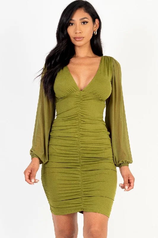 Ruched mesh long sleeve v-neck mini dress Fashionable Party Mini Dress