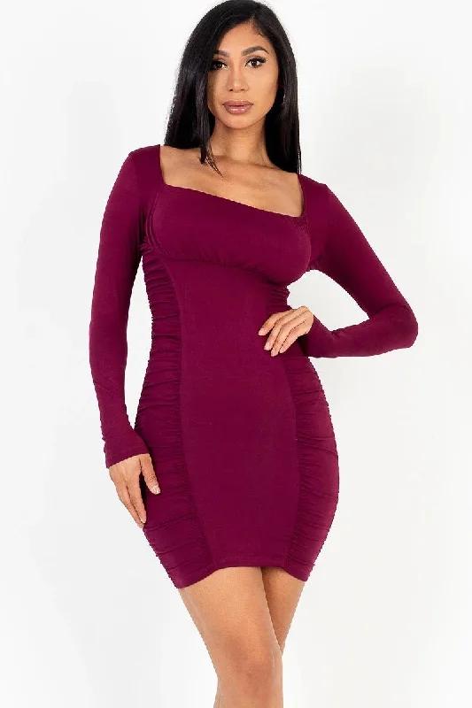 U-neck long sleeve ruched bodycon mini dress Trendy Camisole Mini Dress