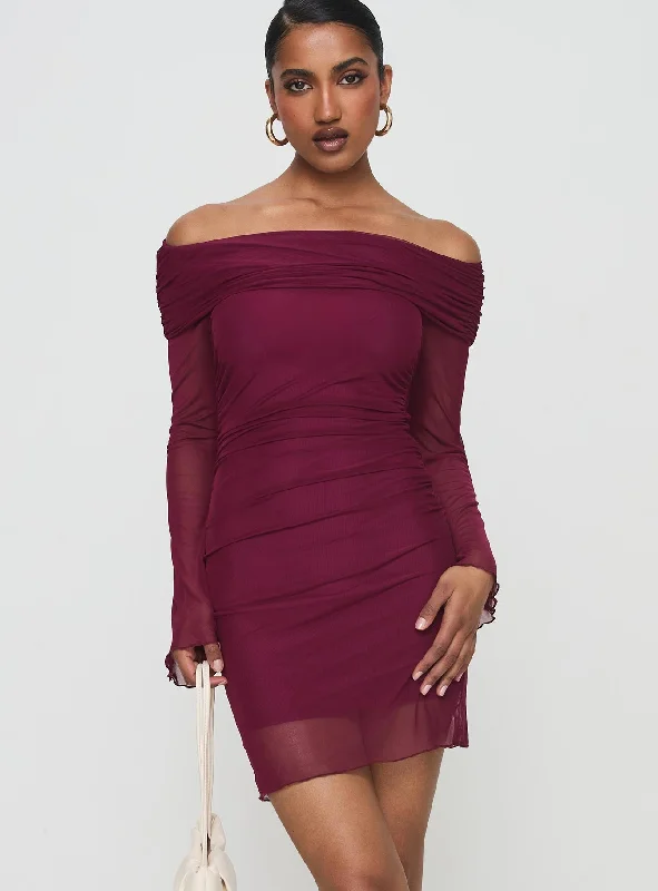 Consideration Mini Dress Burgundy Elegant Off-Shoulder Dress Mini