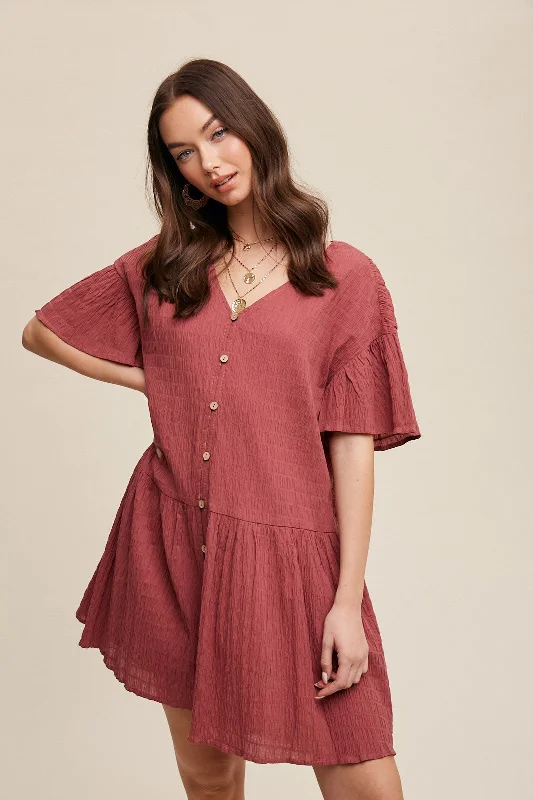 Deep Rose Crinkle Loose Fit Mini Dress Stylish Summer Mini Dress