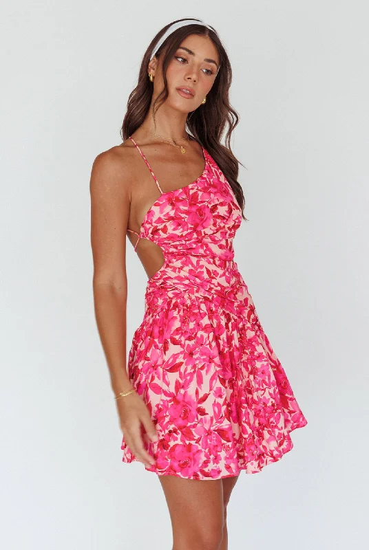 Destination Open Back Mini Dress Floral Pink Elegant Lace-Up Mini Dress