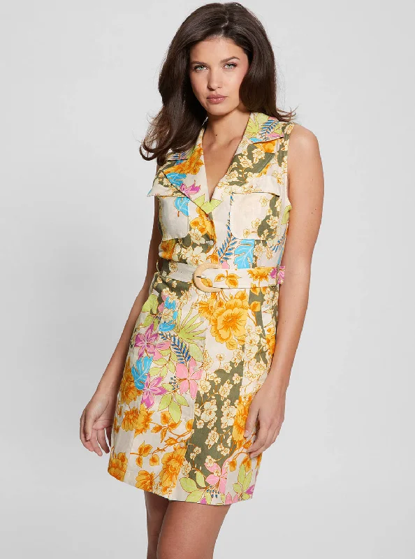 Eco Yellow Floral Print Lydia Mini Dress Comfortable Fit-and-Flare Mini Dress