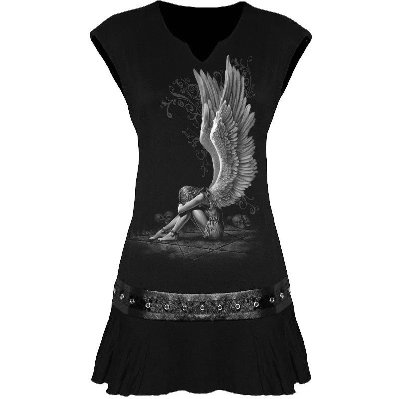 ENSLAVED ANGEL - Stud Waist Mini Dress Black Comfortable Ruffle Mini Dress