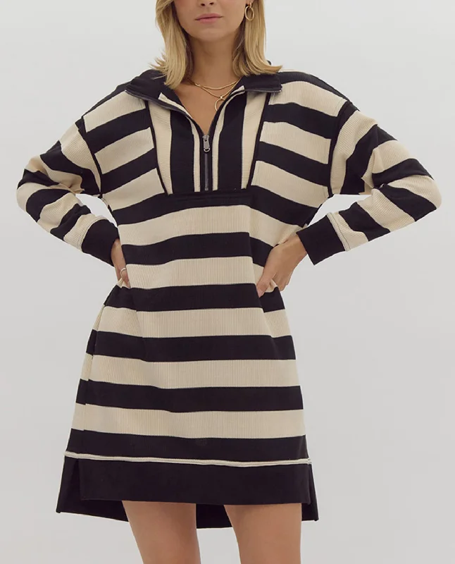 Long Sleeve Quarter Zip Striped Mini Dress Classic Striped Mini Dress