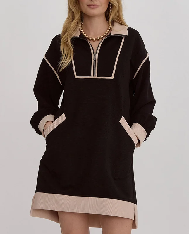 Long Sleeve Collared Quarter Zip Color Block Mini Dress Fashionable Button-Front Mini Dress