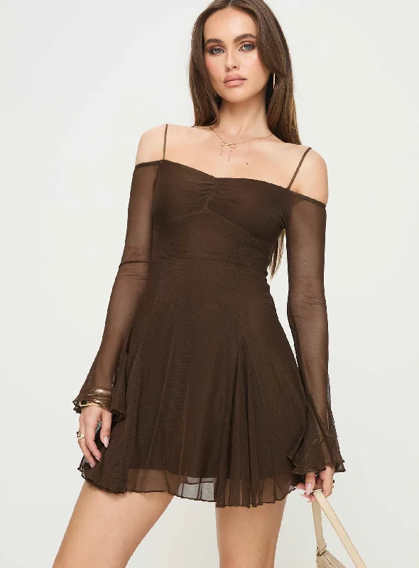 Fortin Off The Shoulder Mini Dress Chocolate Casual High-Waist Mini Dress