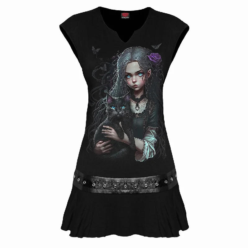 GOTH FAMILIAR - Stud Waist Mini Dress Black Comfortable Wrap Mini Dress