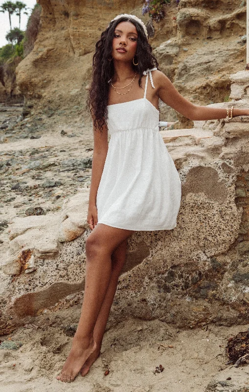 Gretchen Mini Dress ~ White Linen Fashionable Mini Dress with Slits