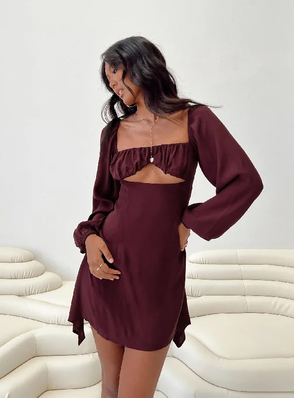 Haven Long Sleeve Mini Dress Burgundy Trendy Floral Mini Dress