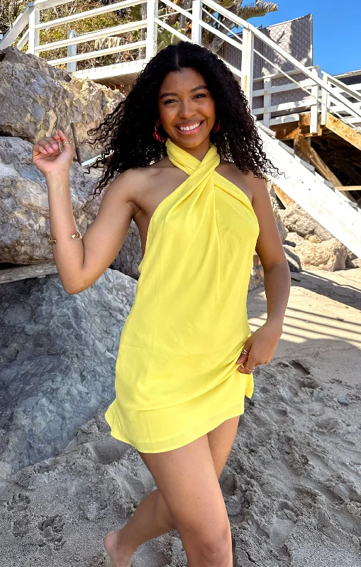 Jasmine Halter Mini Dress ~ Bright Yellow Fashionable Polka Dot Mini Dress