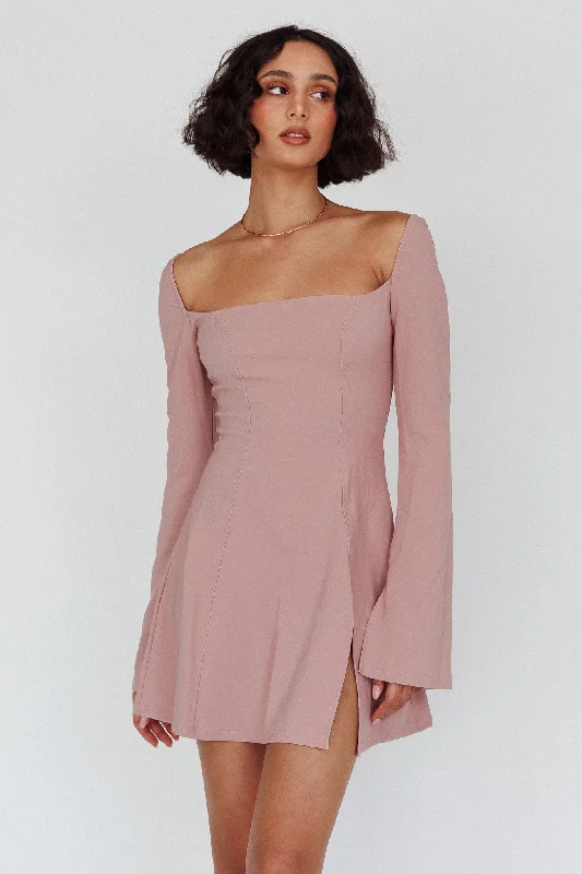 Kieran Long Sleeve A-Line Mini Dress Blush Chic Tropical Mini Dress