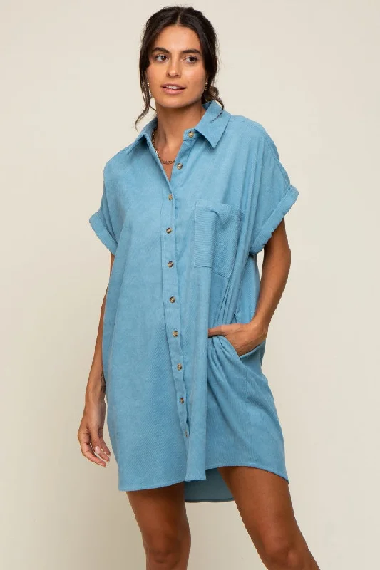 Light Blue Ribbed Button Down Mini Dress Cozy T-Shirt Mini Dress