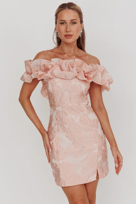 Memoire Off-Shoulder Jacquard Mini Dress Blush Comfortable Ruffle Mini Dress