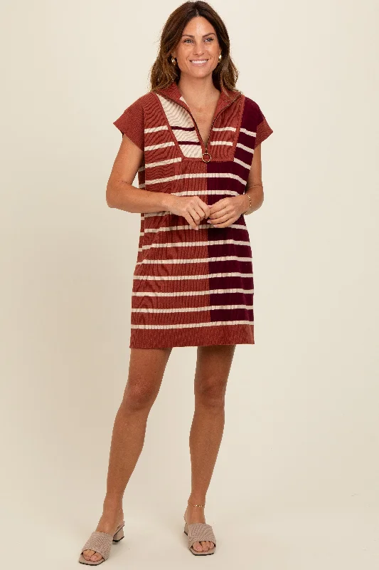 Rust Knit Striped Colorblock Collared Zip Up Mini Dress Trendy Wraparound Mini Dress