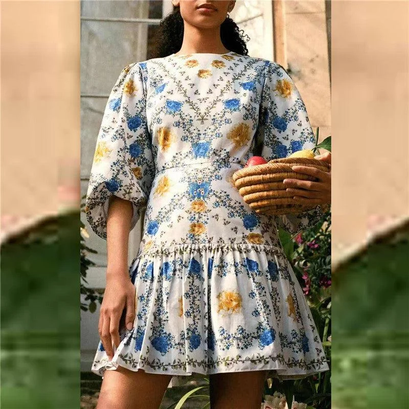 KittenAlarm - Shirley Floral Print Puff Sleeves Mini Dress Trendy Tie-Dye Mini Dress