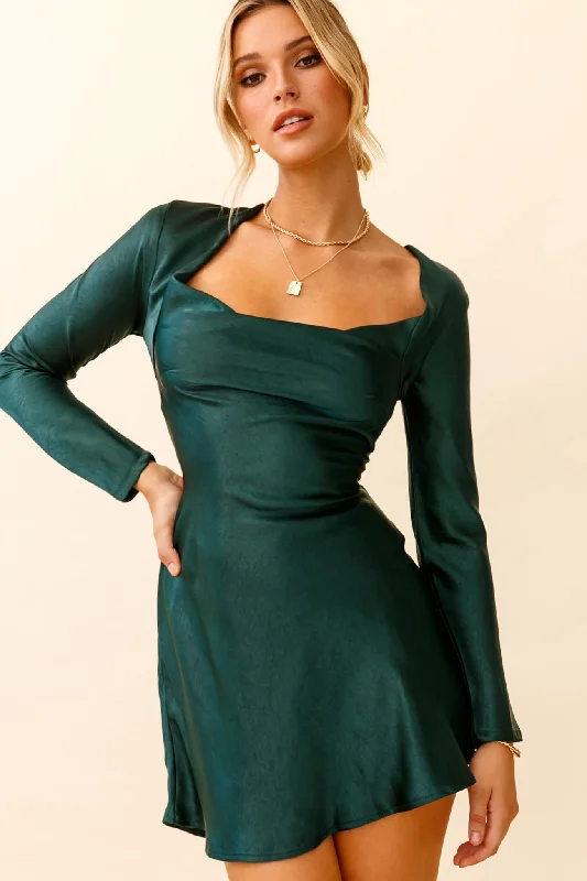 Solstice Long Sleeve Cowl Neck Mini Dress Forest Green Classic Solid Mini Dress