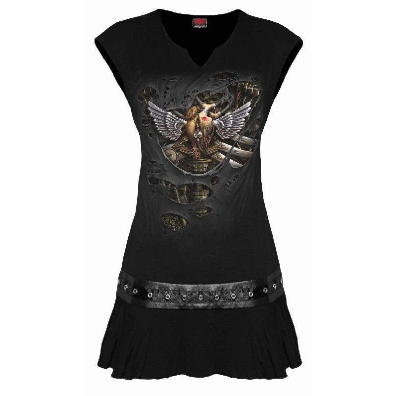 STEAM PUNK RIPPED - Stud Waist Mini Dress Black Classic White Mini Dress