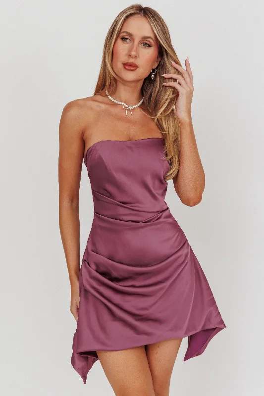 Toni Strapless Ruched Mini Dress Plum Elegant Mini Dress with Pleats