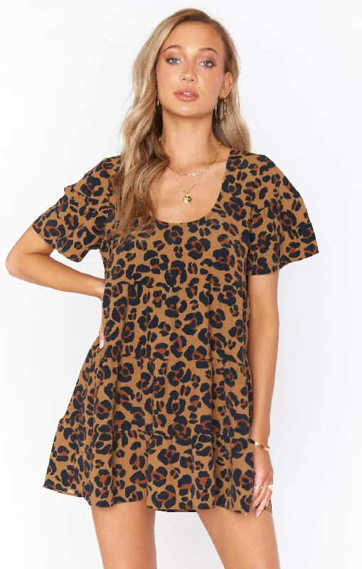 Valley Mini Dress ~ Caramel Cheetah Elegant Off-Shoulder Dress Mini