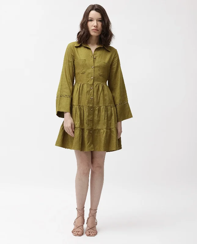 Rareism Women Wyatt Green Shirt Collar Bell Sleeves Front Full Button Closure Placket With Patch Pockets Tiered Mini Dress Cozy T-Shirt Mini Dress