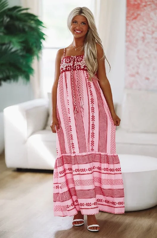 Arizona Mornings Maxi Dress - Pink and Red Stylish Empire Waist Maxi Dress