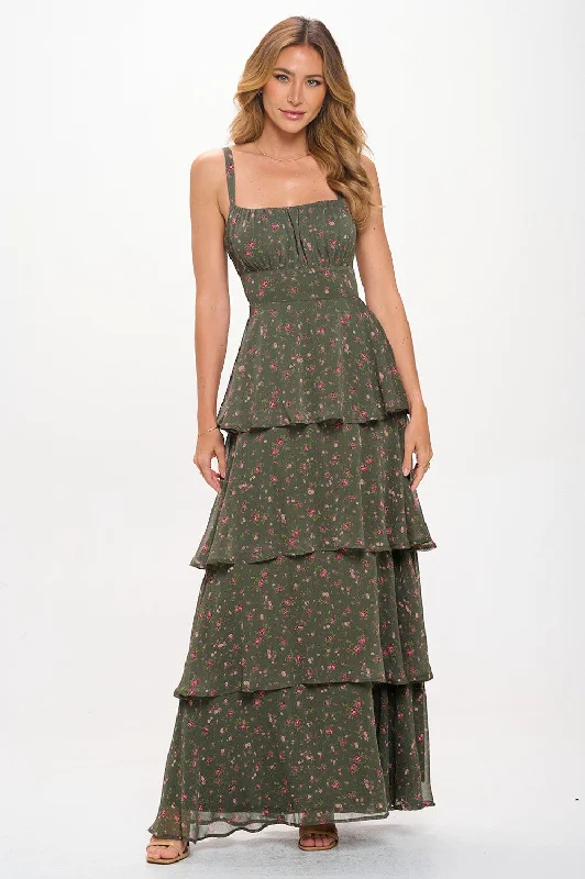 Avery Layered Maxi Dress - Olive Fashionable Printed Maxi Dress