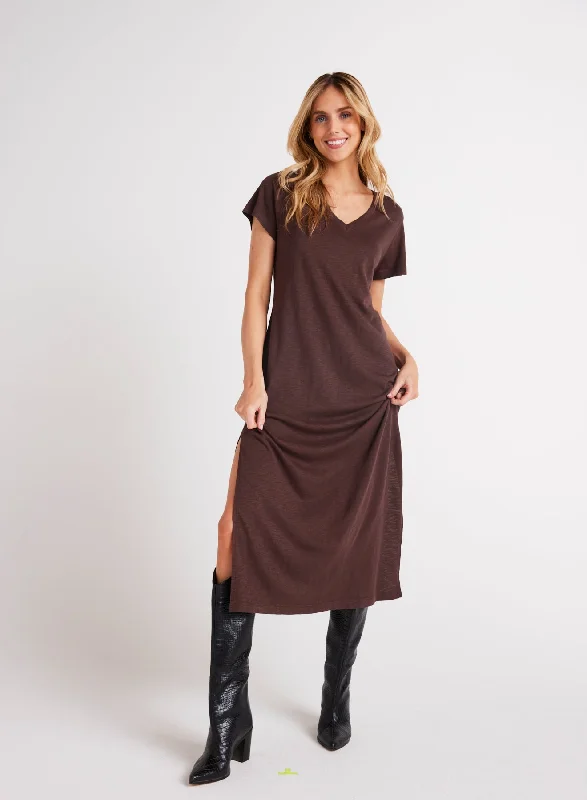 V-Neck Knit Maxi Dress - Chestnut Brown Comfortable Casual Maxi Dress