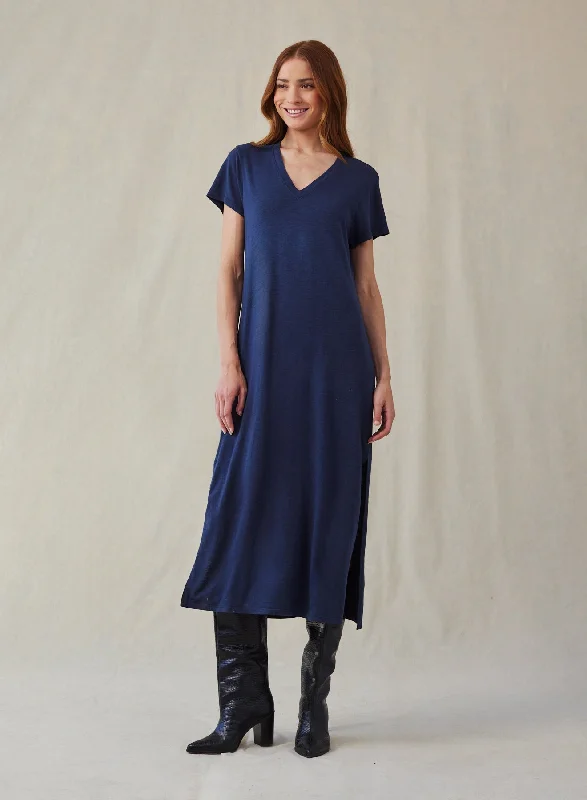 V-Neck Knit Maxi Dress - Endless Sea Comfortable T-Shirt Maxi Dress