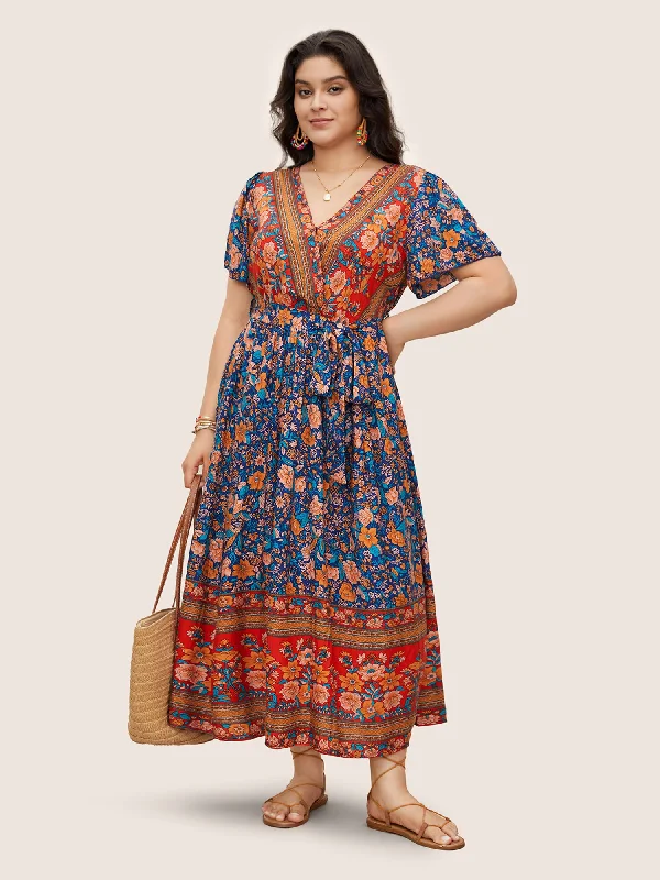 Bandana Surplice Neck Pocket Belted Flutter Hem Maxi Dress Fashionable Maxi Dress with Fringe