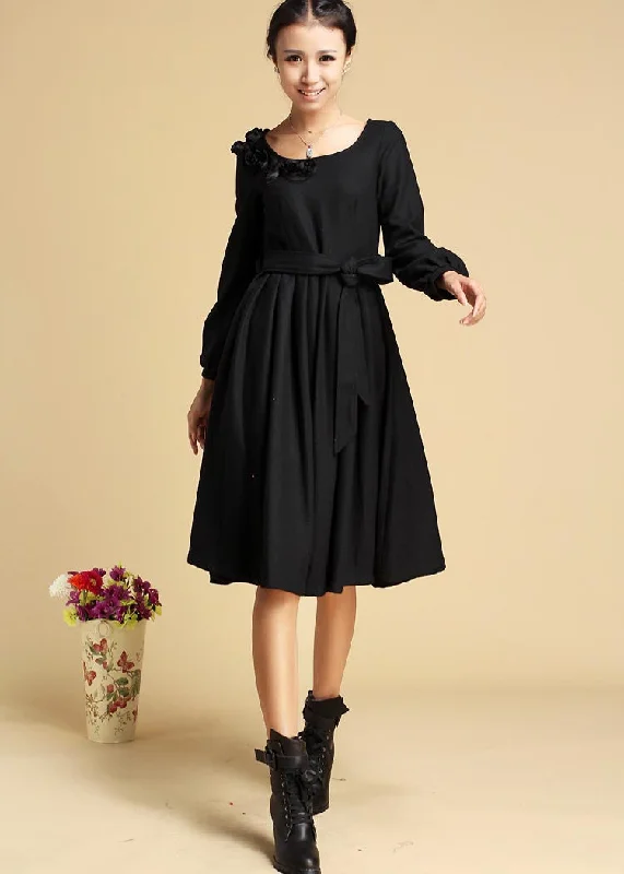 Black dress winter wool dress midi dress 321# Cozy T-shirt Midi Dress