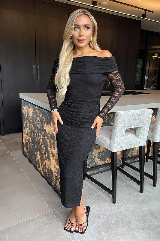 Black Lace Bardot Long Sleeve Ruched Bodycon Midi Dress Trendy Flared Sleeve Midi Dress