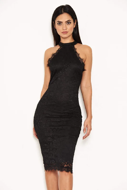 Black Lace Midi Dress Stylish Pleated Skirt Midi Dress