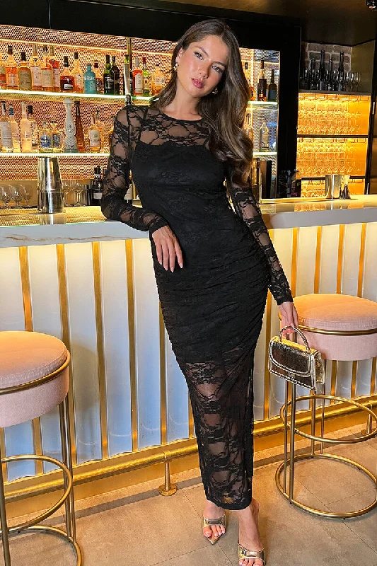 Black Lace Overlay Long Sleeve Bodycon Midi Dress Fashionable Polka Dot Midi Dress