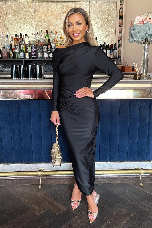 Black Off The Shoulder Long Sleeved Draped Midi Dress Fashionable A-Line Midi Dress