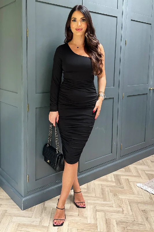 Black One Sleeve Ruched Bodycon Midi Dress Comfortable Wrap Midi Dress