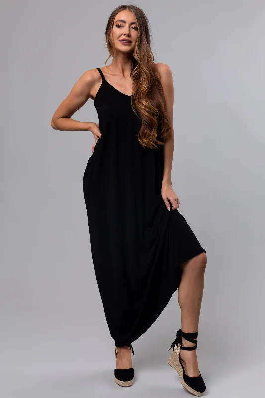 Black Sleeveless Knit Maxi Dress with Pockets Trendy Off-Shoulder Ruffle Maxi Dress