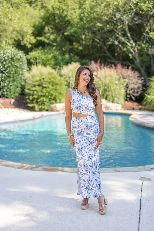 Blue Floral One Shoulder Maxi Dress Comfortable Bohemian Maxi Dress