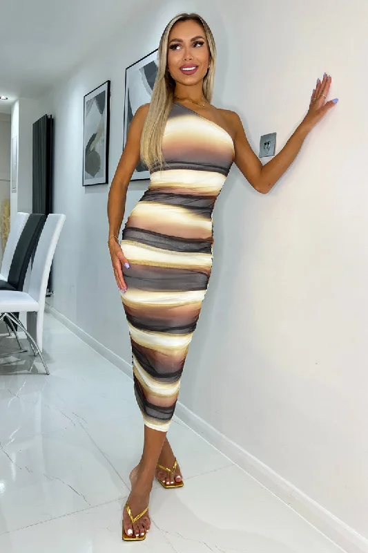 Brown Ombre Printed Mesh One Shoulder Bodycon Midi Dress Classic Black Midi Dress