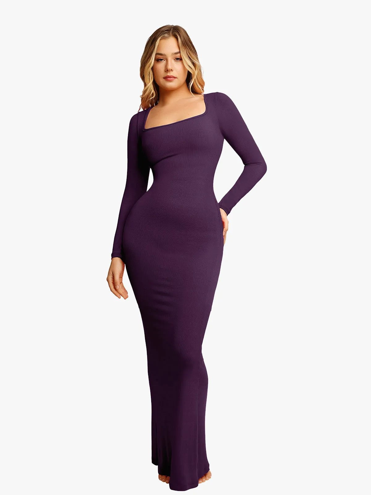 Shapewear Square Neck Long Sleeve Slimming Modal Maxi Dress Stylish V-Neck Maxi Dress