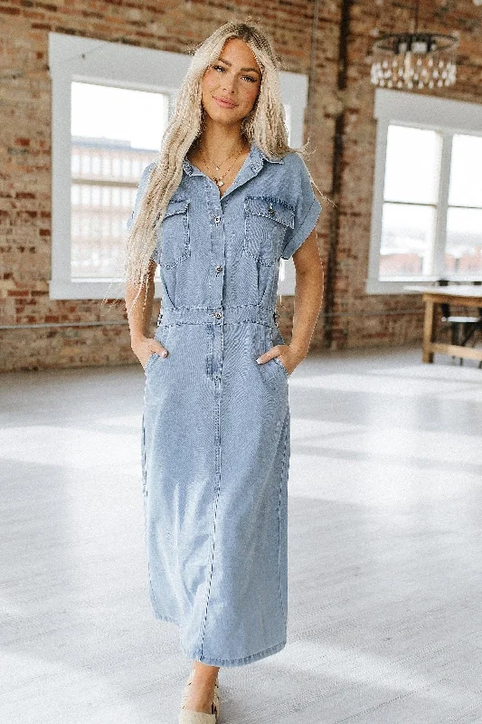 SALE - Chancy Denim Maxi Dress | Size Small Classic A-Line Maxi Dress