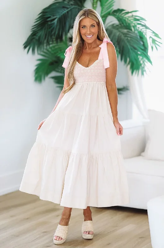 Cherished Maxi Dress - Cream and Pink Stylish Off-Shoulder Maxi Dress