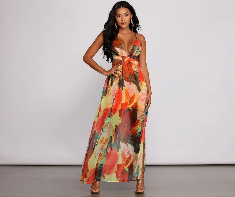 Brighter Vibes Lace-Up Charming Chiffon Maxi Dress Elegant Maxi Dress with Belt